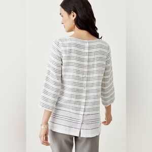 J Jill Love Linen Striped Button Back Top Scoop Neck Sleeve Lightweight Large